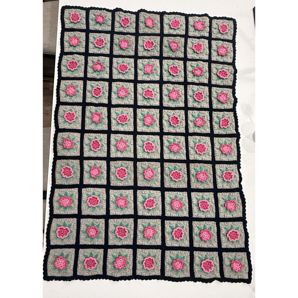 Granny square Handmade 3D Crochet Flower Afghan Blanket Tan Pink 45"x 66"vtg